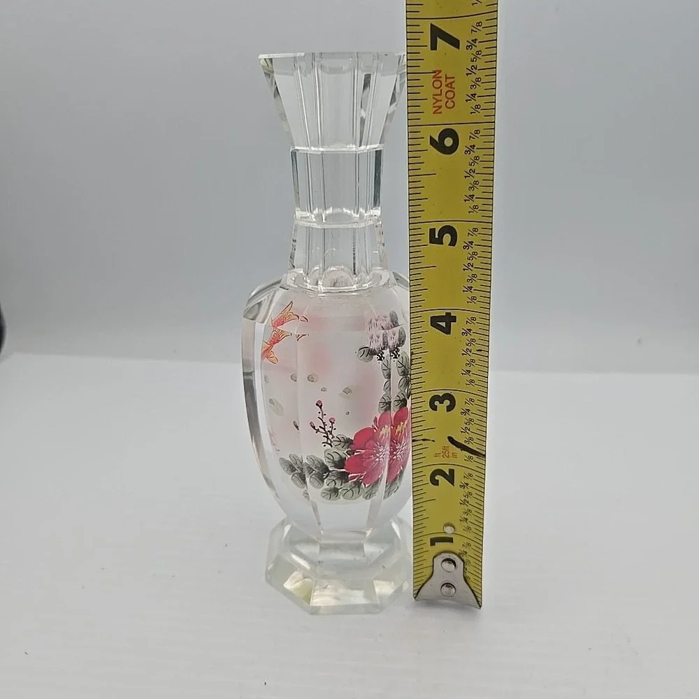 Vintage Chinese Glass Vase Crystal Clear Hand Painted Inside Peony Flower Asian‎